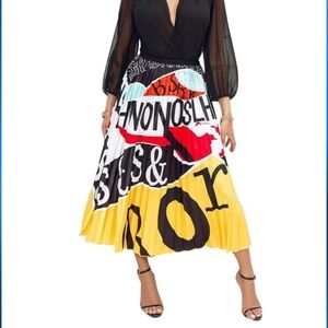 Women Long Pleated Graffiti Cartoon Print Skirt.